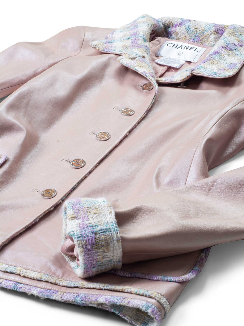 CHANEL CC Leather Tweed Fringe Jacket Pink-designer resale