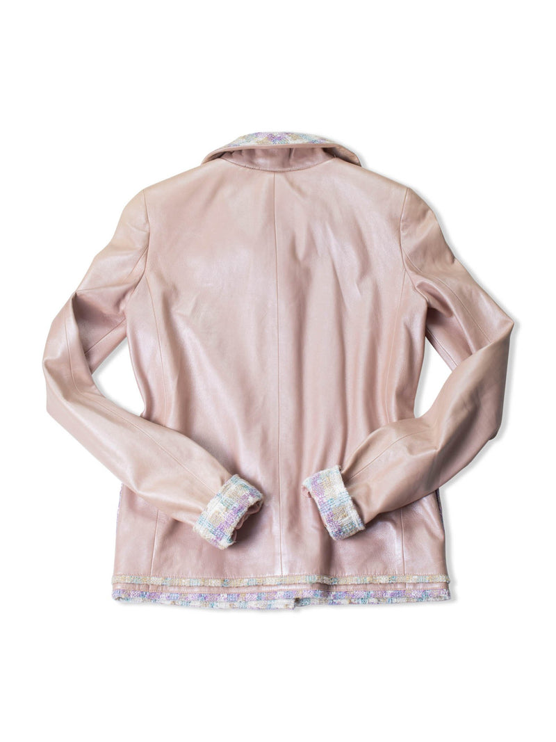CHANEL CC Leather Tweed Fringe Jacket Pink-designer resale