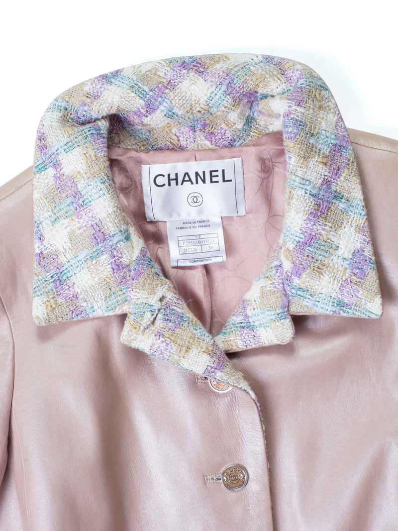 CHANEL CC Leather Tweed Fringe Jacket Pink-designer resale