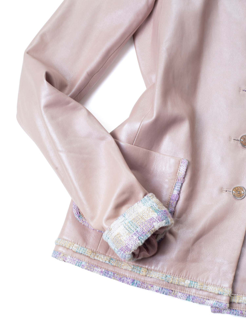 CHANEL CC Leather Tweed Fringe Jacket Pink-designer resale