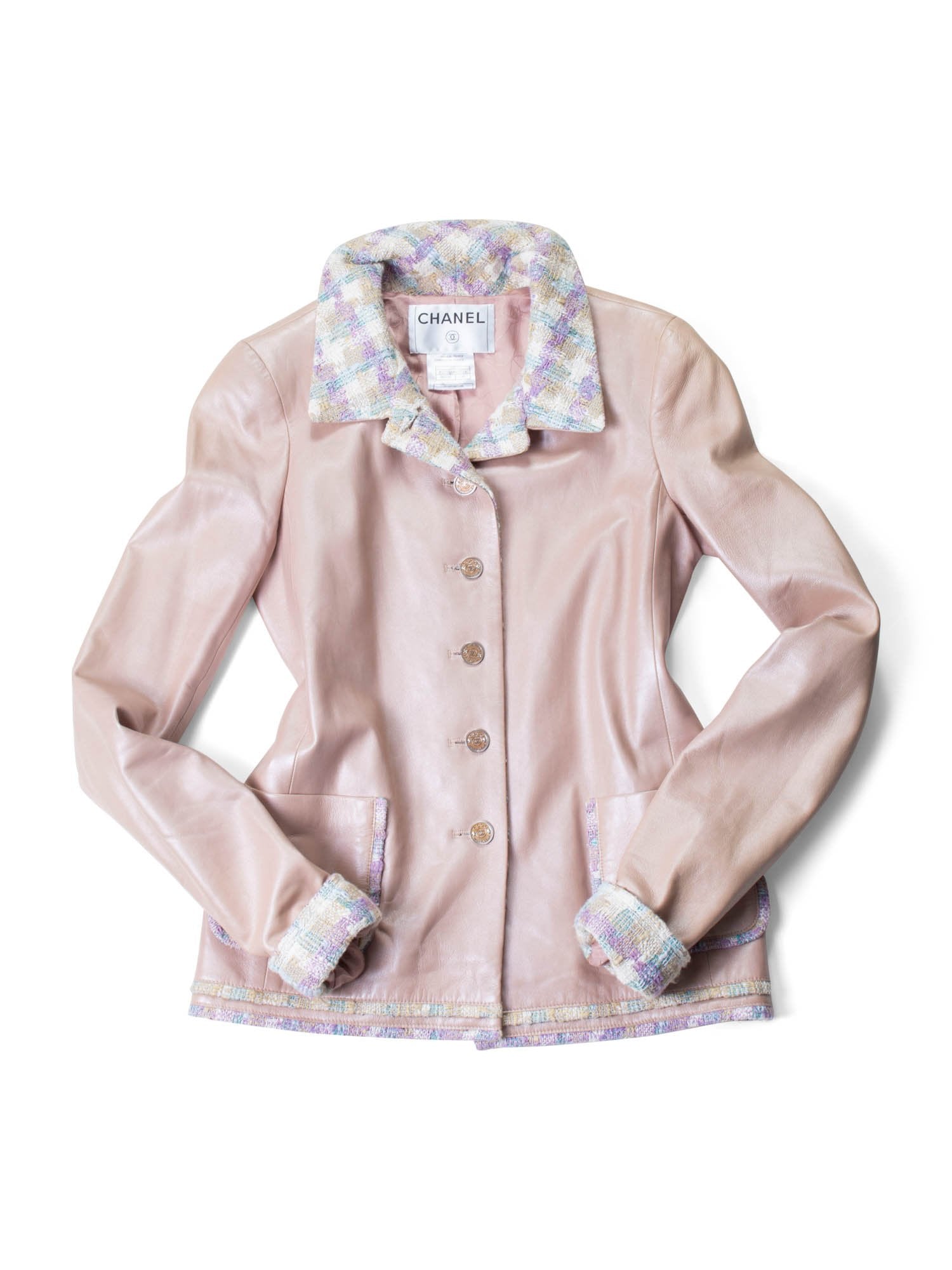 CHANEL CC Leather Tweed Fringe Jacket Pink-designer resale