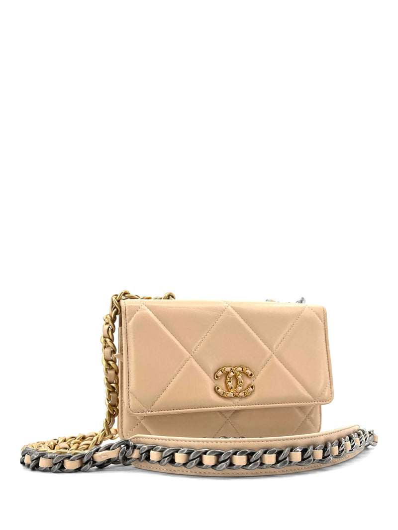 CHANEL Lambskin Quilted Chanel 19 Wallet On Chain WOC Beige