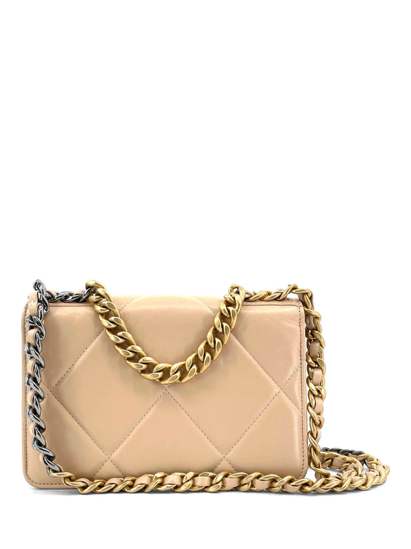 CHANEL CC Logo 19 Quilted Lambskin Leather Wallet On Chain Beige-designer resale