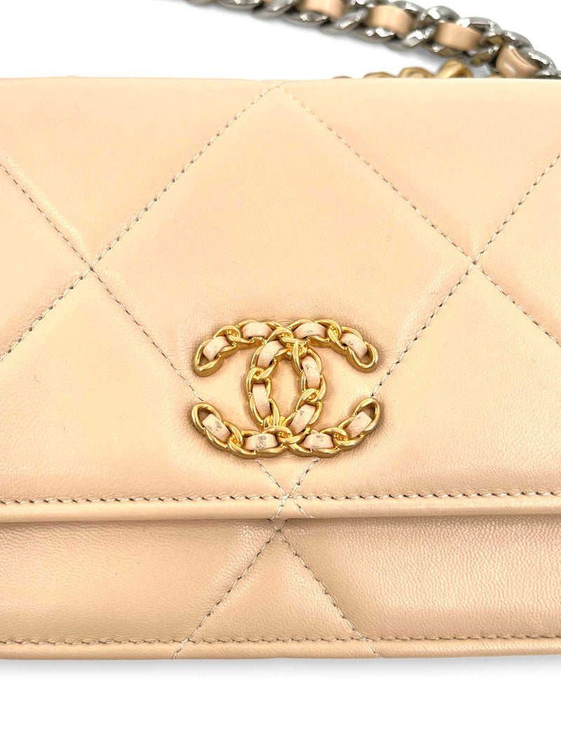 CHANEL CC Logo 19 Quilted Lambskin Leather Wallet On Chain Beige