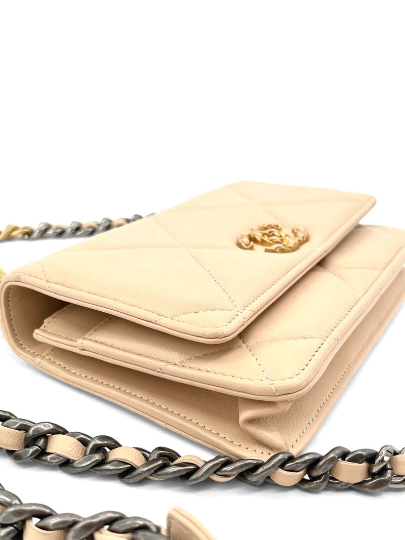 CHANEL CC Logo 19 Quilted Lambskin Leather Wallet On Chain Beige