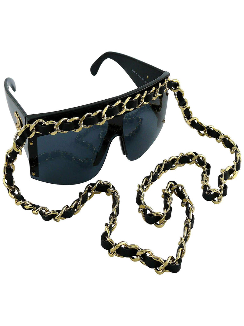 CHANEL CC Logo Black Drop Chain Trim Runway Vintage Sunglasses-designer resale