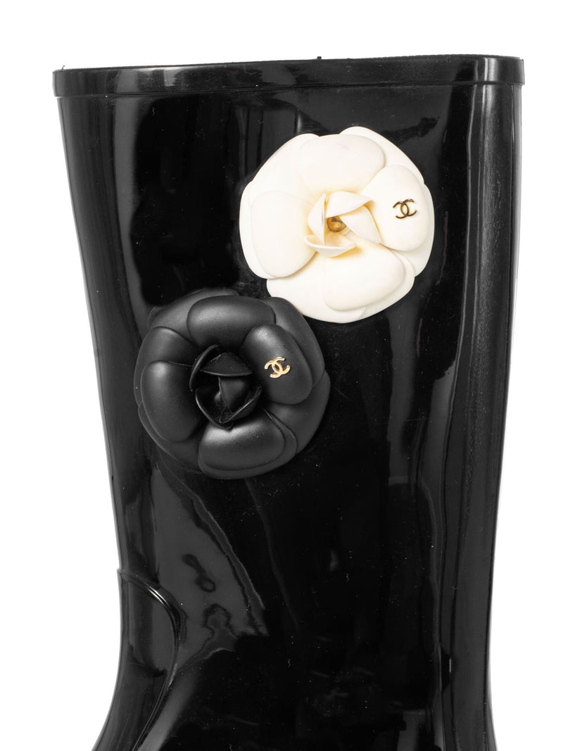 CHANEL CC Logo Camellia Flower Rain Boots Black-designer resale