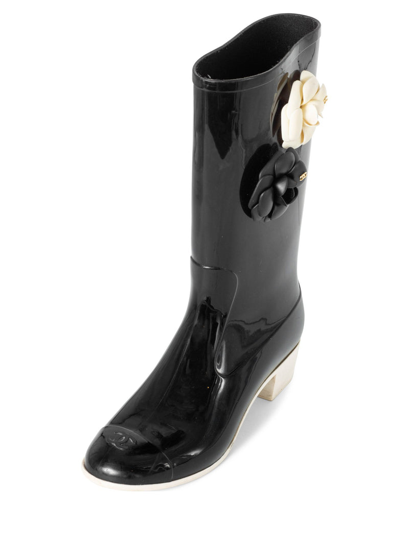 CHANEL, Shoes, Authentic Chanel Black Rubber Camellia Flower Heeled Rain  Boots Eu 36