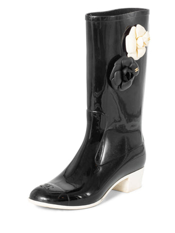 CHANEL CC Logo Camellia Flower Rain Boots Black-designer resale