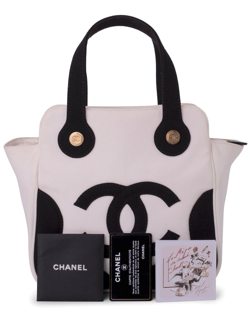 CHANEL CC Logo Canvas Leather Bag Black White-designer resale