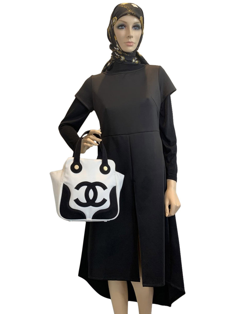 CHANEL CC Logo Canvas Leather Bag Black White-designer resale