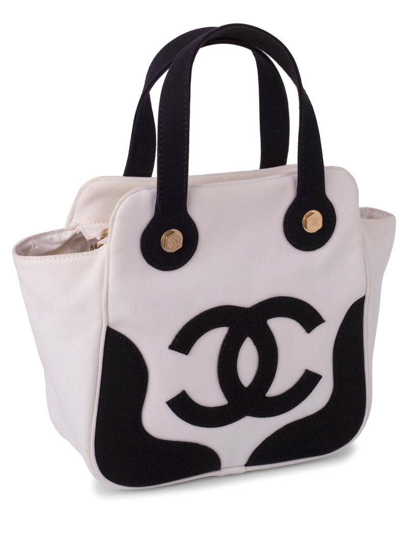 CHANEL CC Logo Canvas Leather Bag Black White-designer resale
