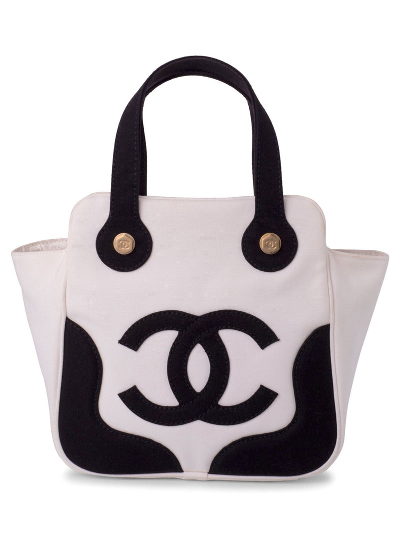 CHANEL CC Logo Canvas Leather Bag Black White-designer resale