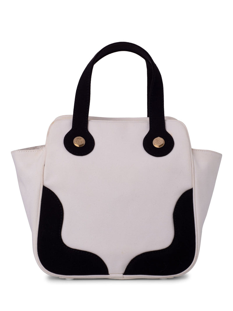 CHANEL CC Logo Canvas Leather Bag Black White-designer resale