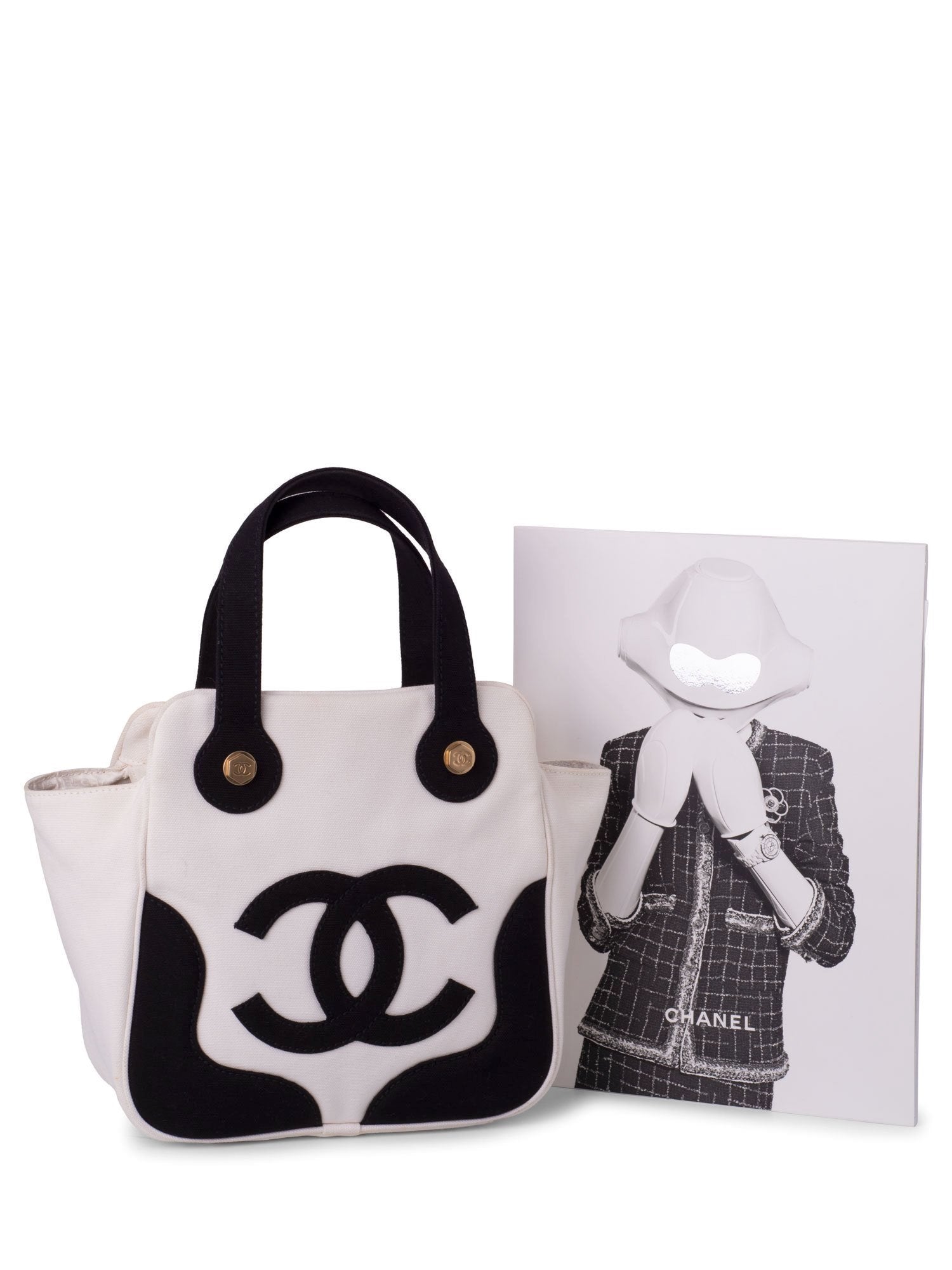 CHANEL CC Logo Canvas Leather Bag Black White-designer resale