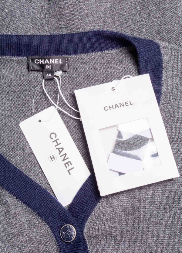 CHANEL CC Logo Cashmere Cardigan Sweater Navy Blue Grey