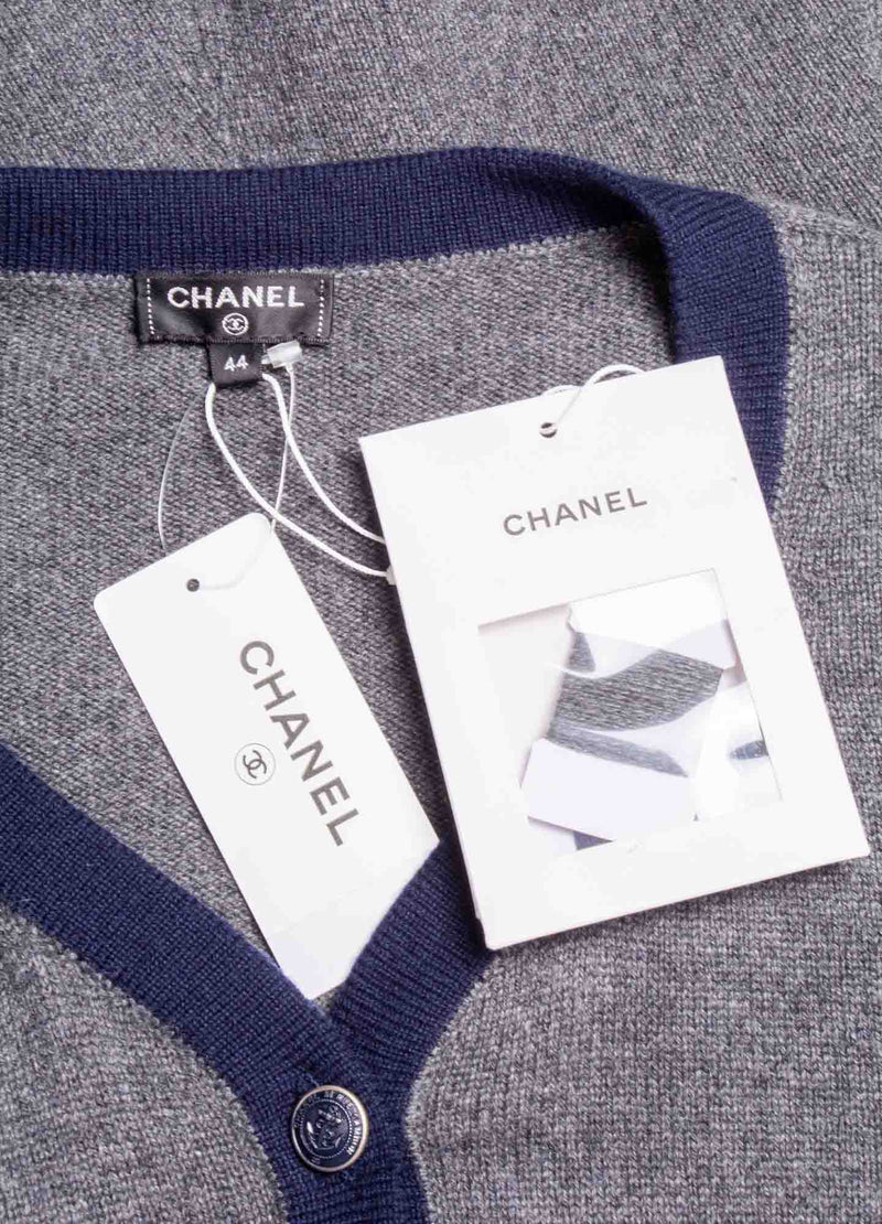 CHANEL CC Logo Cashmere Cardigan Sweater Navy Blue Grey-designer resale
