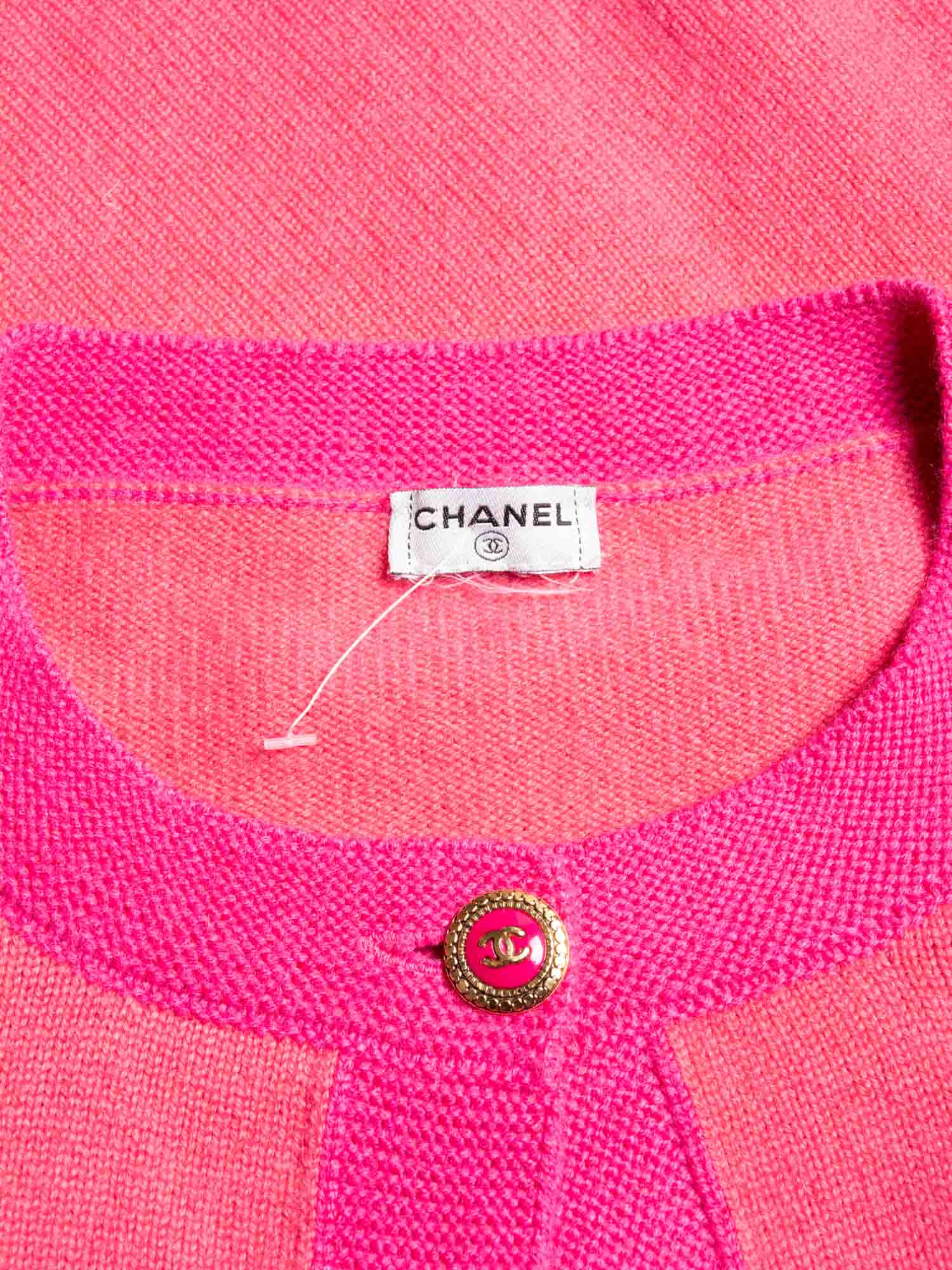 CHANEL CC Logo Cashmere Color Block Cardigan Pink