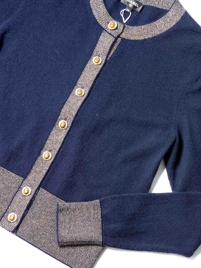 CHANEL CC Logo Cashmere Scarab Beetle Cardigan Navy Gold-designer resale