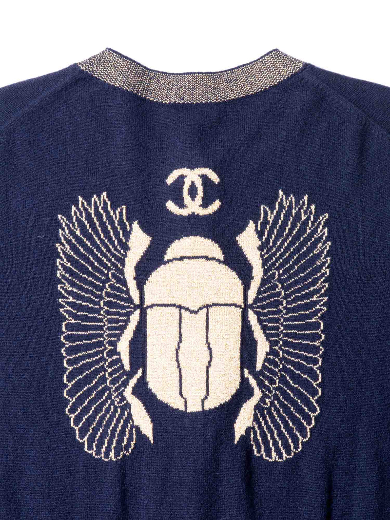 CHANEL CC Logo Cashmere Scarab Beetle Cardigan Navy Gold-designer resale