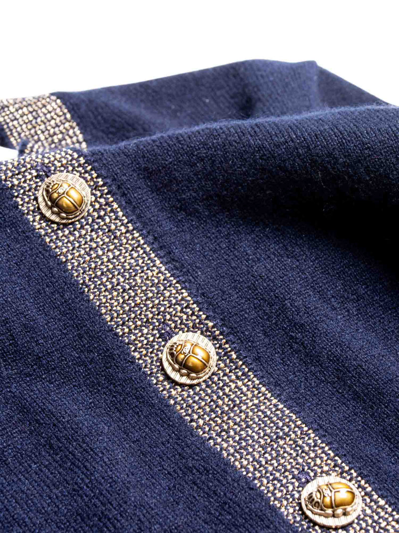 CHANEL CC Logo Cashmere Scarab Beetle Cardigan Navy Gold-designer resale