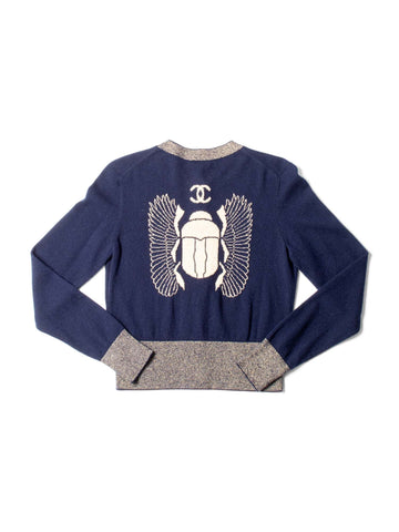 CHANEL CC Logo Cashmere Scarab Beetle Cardigan Navy Gold-designer resale