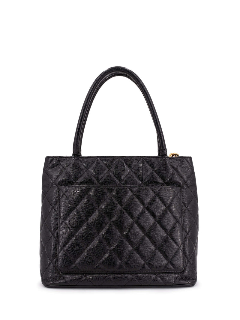 CHANEL Black Quilted Caviar Leather Medallion Tote Bag