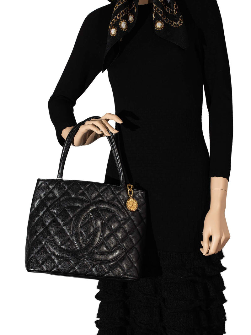 CHANEL CC Logo Caviar Quilted Leather Medallion Bag Black-designer resale