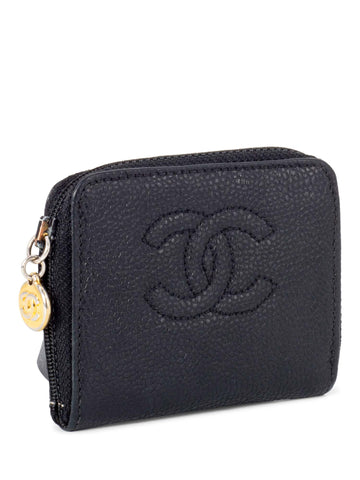 CHANEL CC Logo Caviar Zippered Card Wallet Black-designer resale
