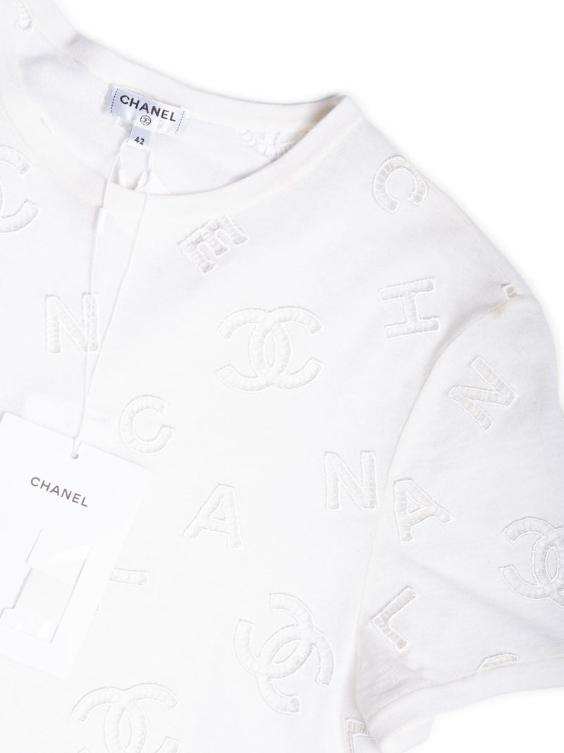 CHANEL CC Logo Cotton Eyelet Embroidered T-Shirt White-designer resale