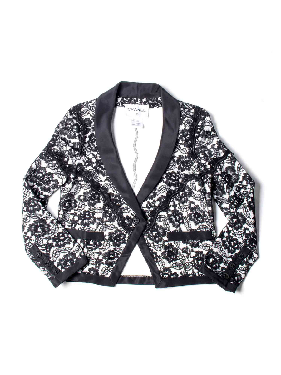 CHANEL CC Logo Cotton Lace Fitted Jacket Black