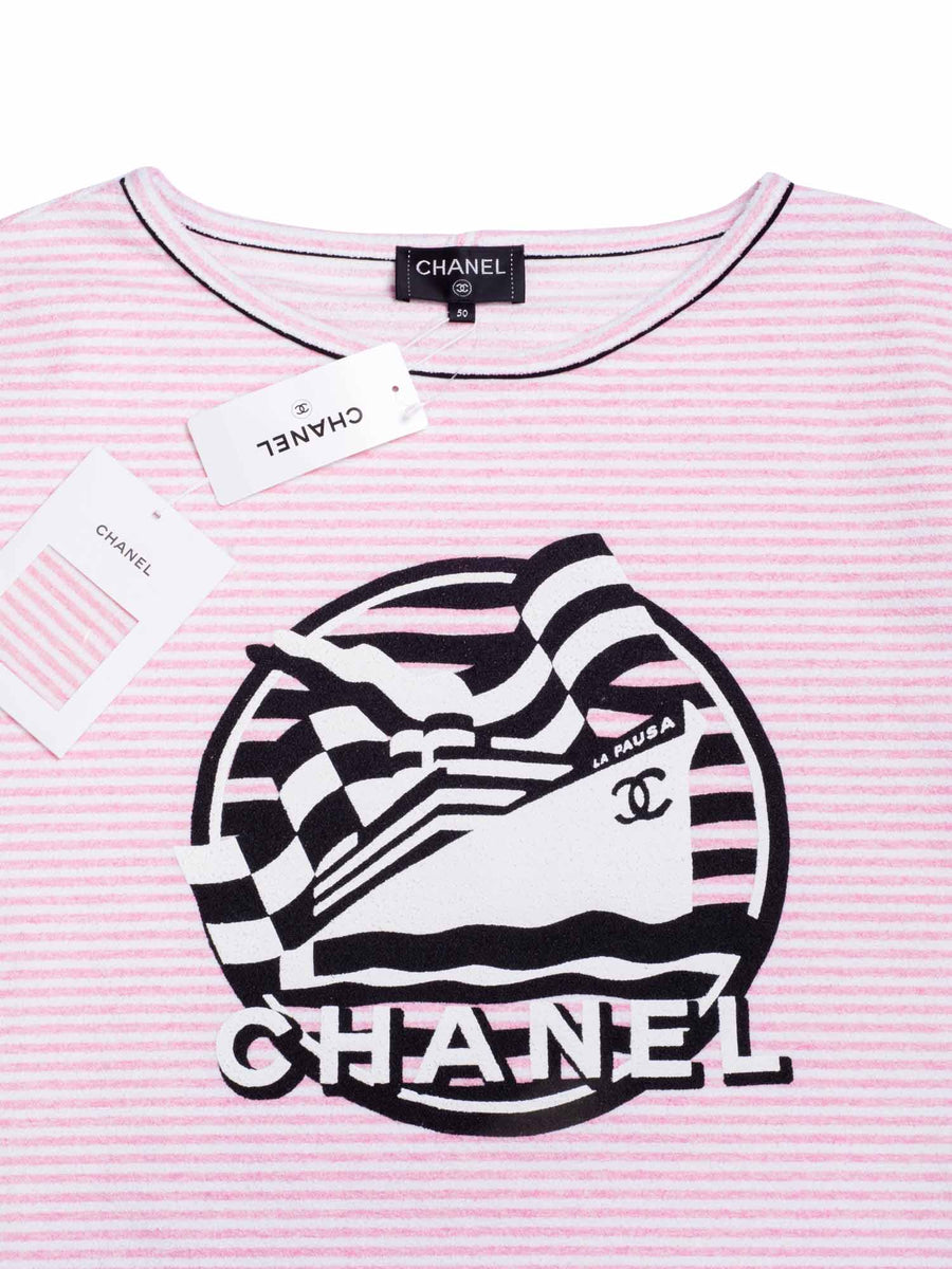 Chanel Pink Striped Terry Logo Printed Crewneck T-Shirt L Chanel