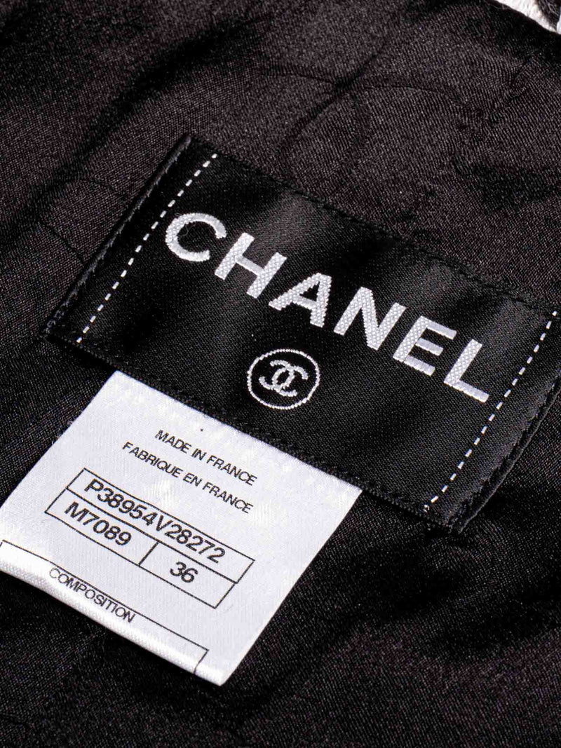 CHANEL CC Logo Fantasy Tweed Fringe A-Line Coat Black White