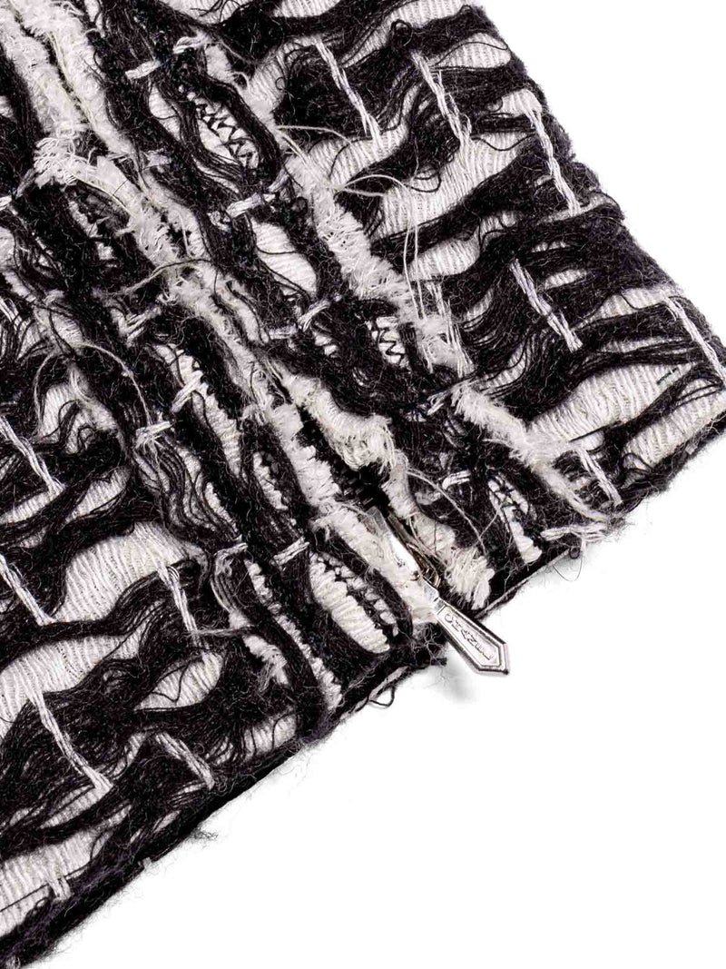 CHANEL CC Logo Fantasy Tweed Fringe A-Line Coat Black White-designer resale