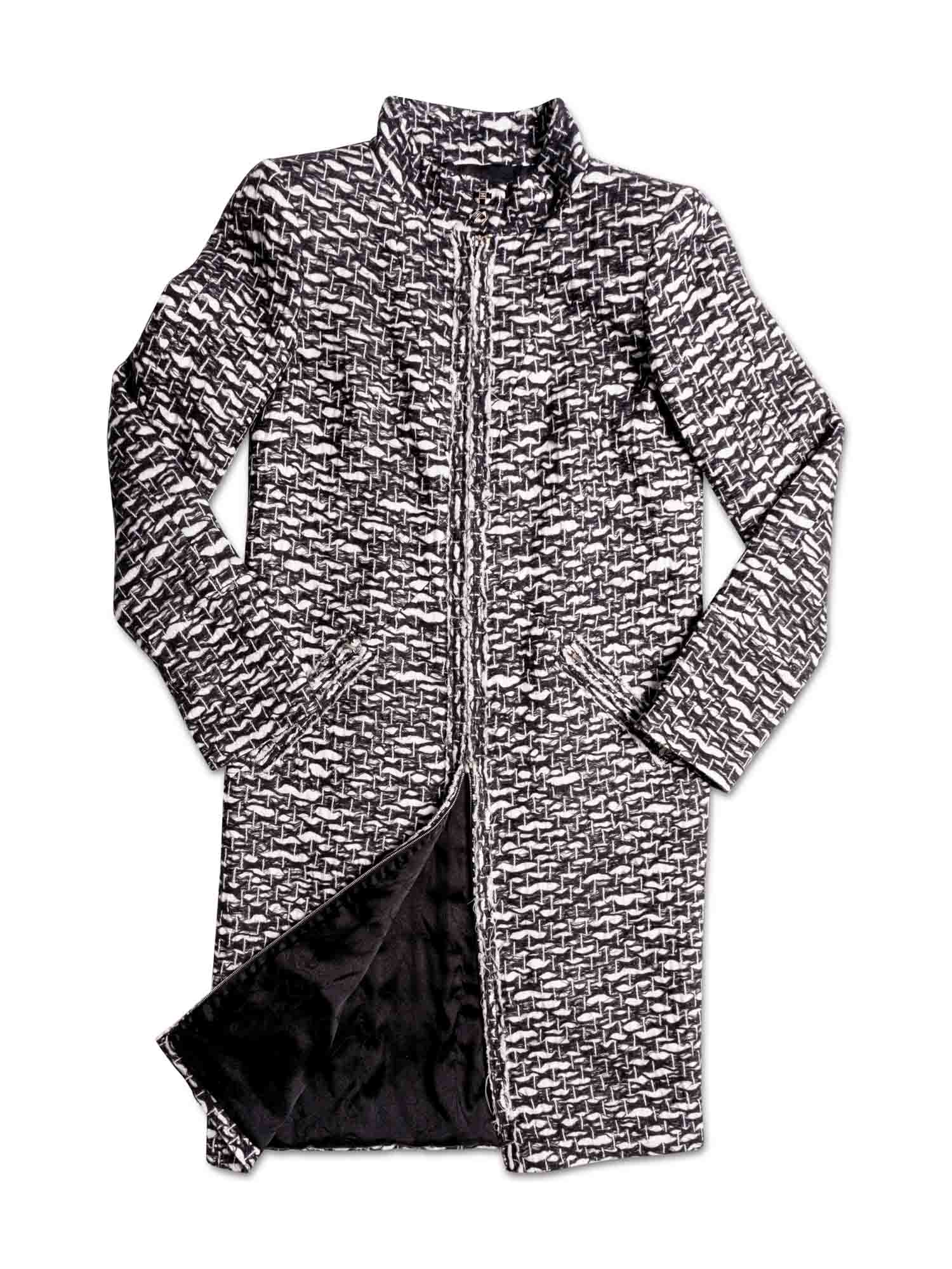 CHANEL CC Logo Fantasy Tweed Fringe A-Line Coat Black White-designer resale