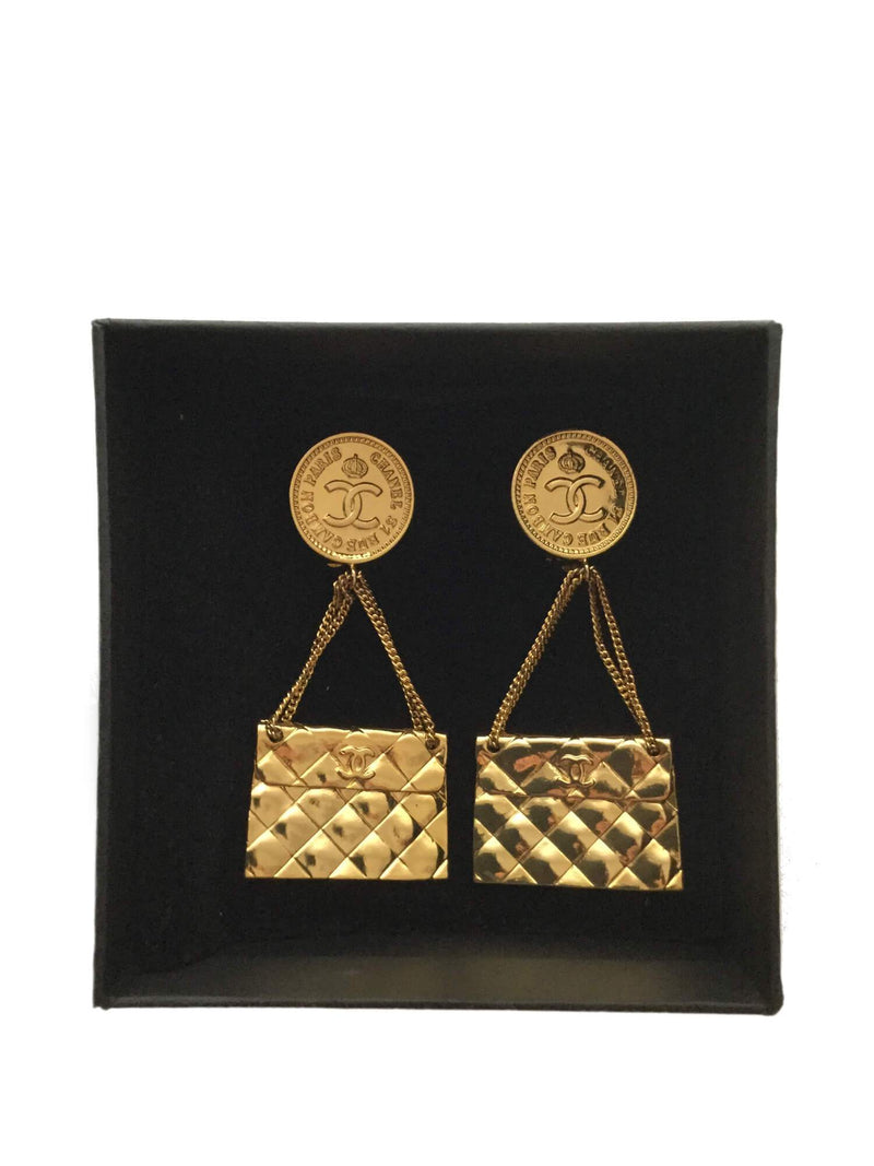 CHANEL CC Logo Gold Bag Motif Earrings-designer resale