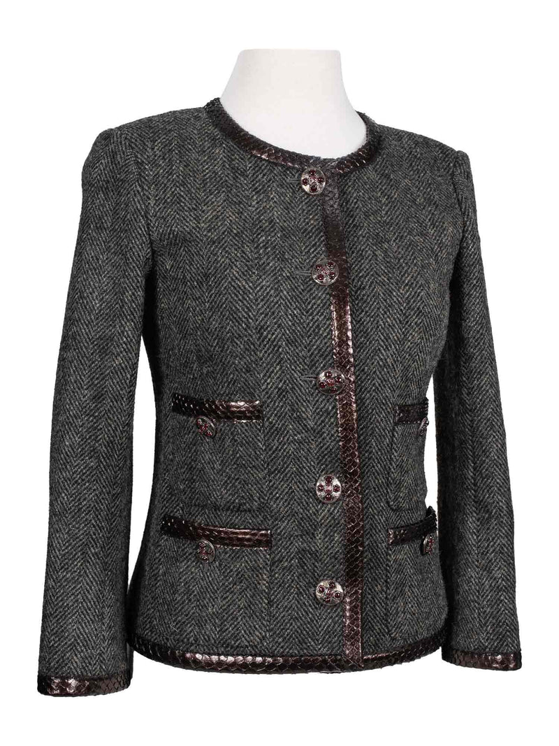 CHANEL CC Logo Gripoix Tweed Fringe Fitted Jacket Green CHANEL CC Logo Gripoix Tweed Fringe Fitted Jacket Green
