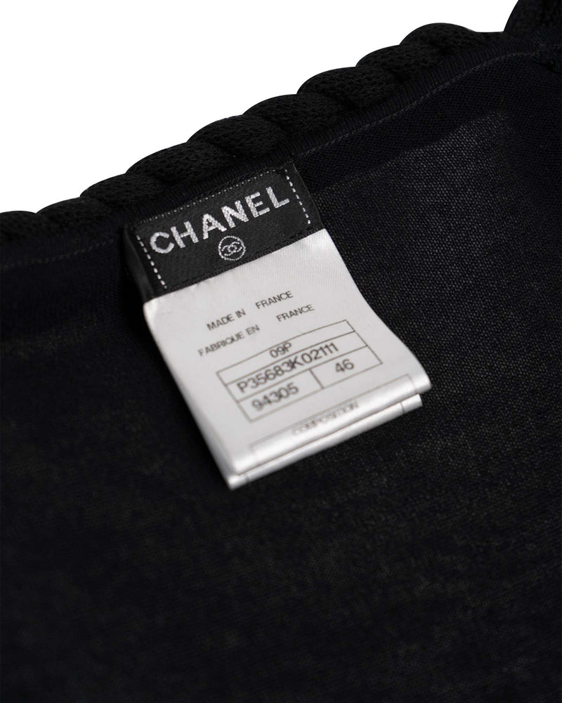 CHANEL CC Logo Knit Rope Fringe Blouse Black