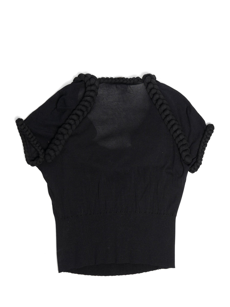 CHANEL CC Logo Knit Rope Fringe Blouse Black-designer resale