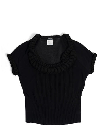 CHANEL CC Logo Knit Rope Fringe Blouse Black-designer resale