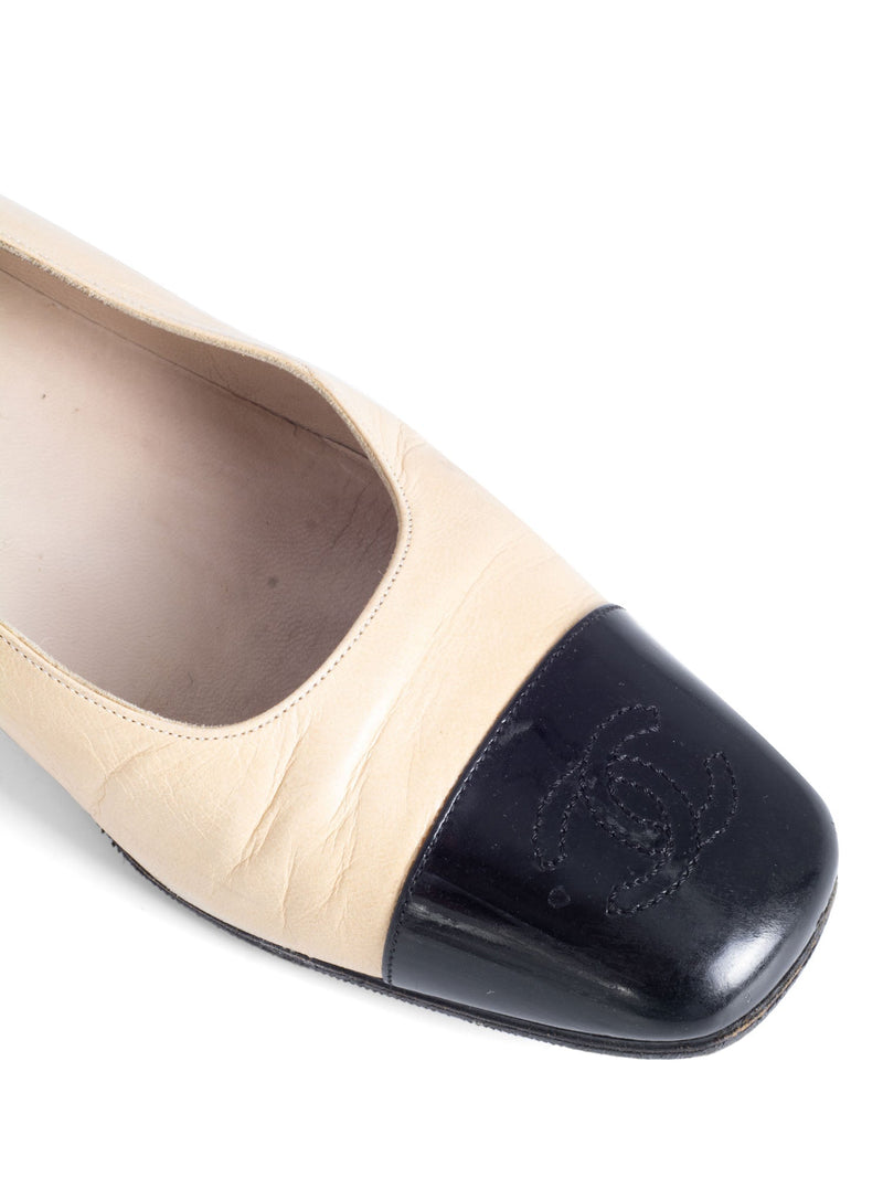 CHANEL CC Logo Leather Cap Toe Ballet Pumps Black Beige-designer resale