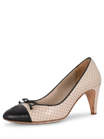 CHANEL CC Logo Leather Cap Toe Ballet Pumps Black Nude-designer resale