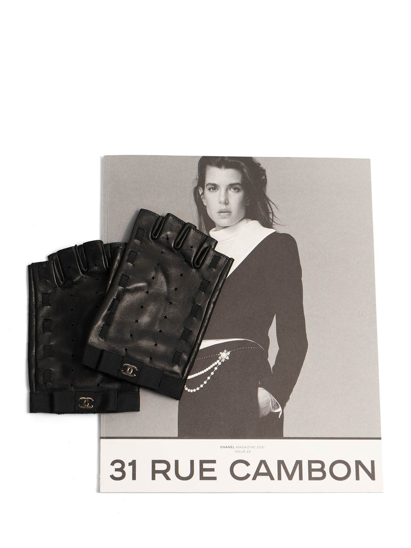 CHANEL CC Logo Leather Fingerless Gloves Black-designer resale
