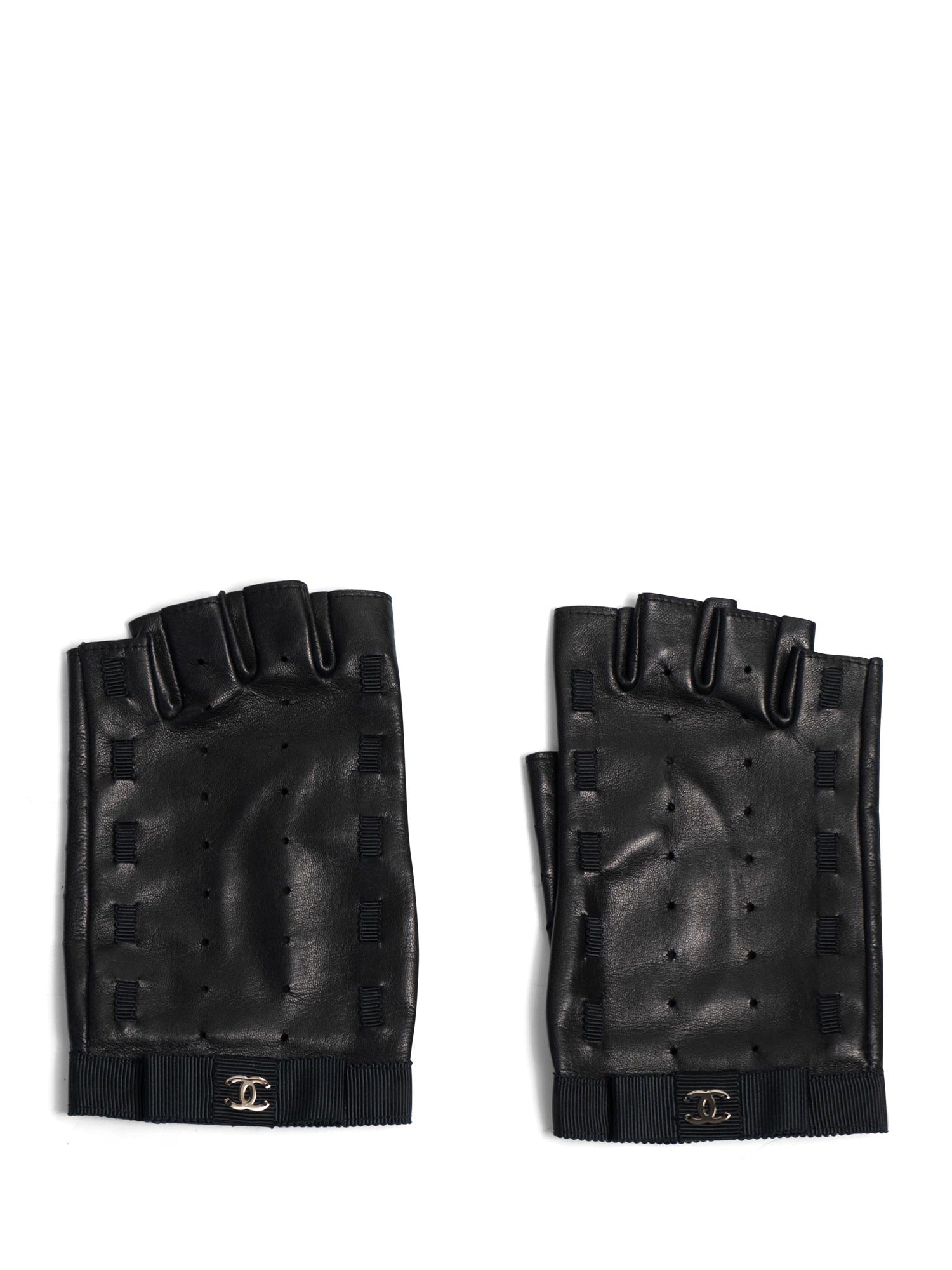 CHANEL CC Logo Leather Fingerless Gloves Black-designer resale