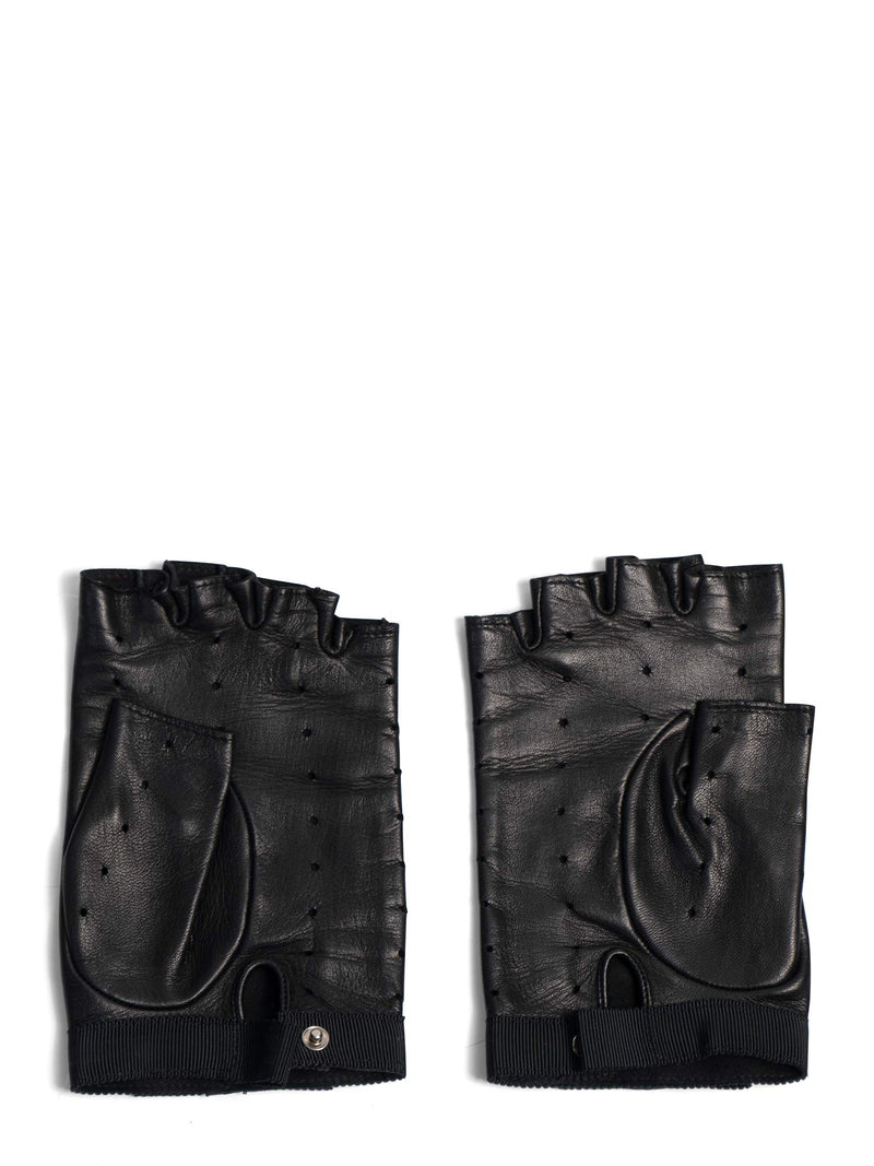 CHANEL CC Logo Leather Fingerless Gloves Black-designer resale