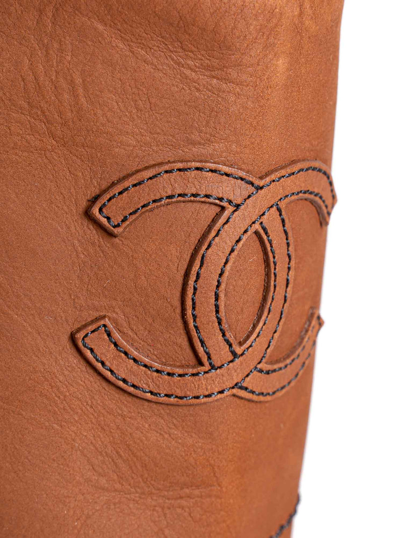 CHANEL CC Logo Leather Pull On Flat Boots Brown-designer resale