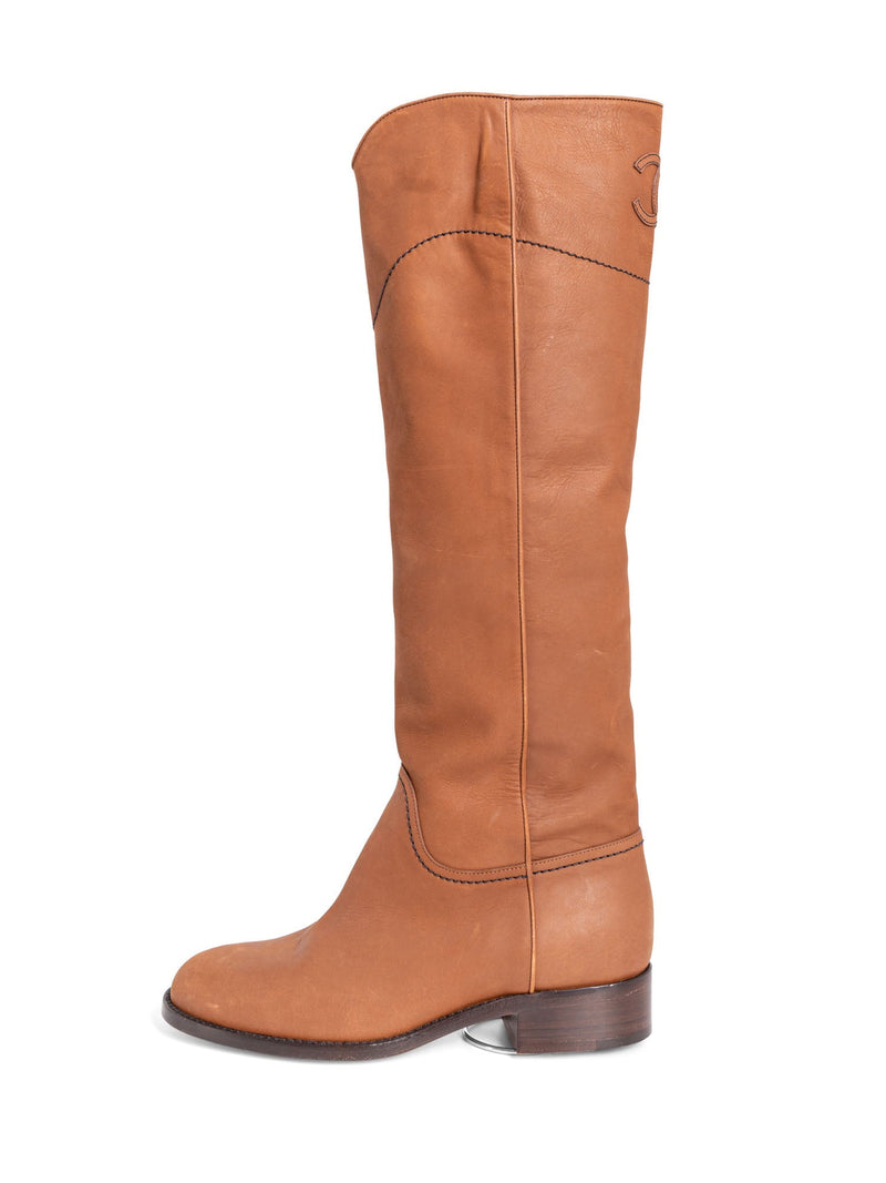 CHANEL CC Logo Leather Pull On Flat Boots Brown-designer resale