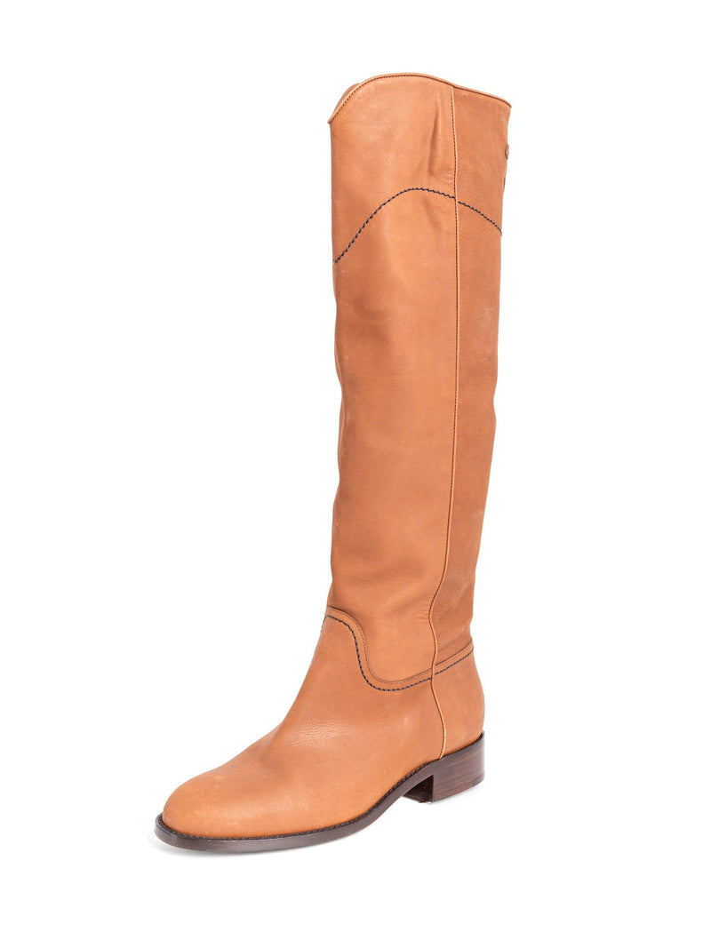 CHANEL CC Logo Leather Pull On Flat Boots Brown-designer resale