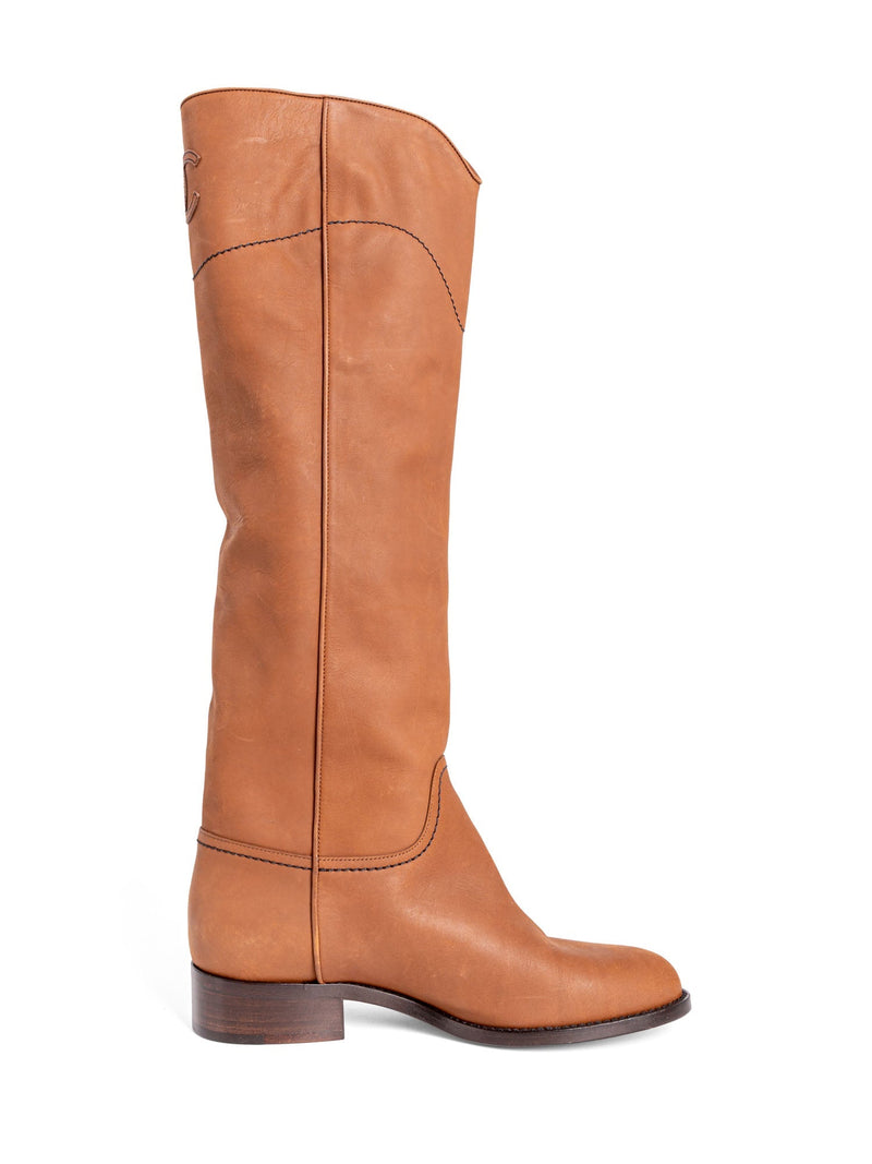 CHANEL CC Logo Leather Pull On Flat Boots Brown-designer resale
