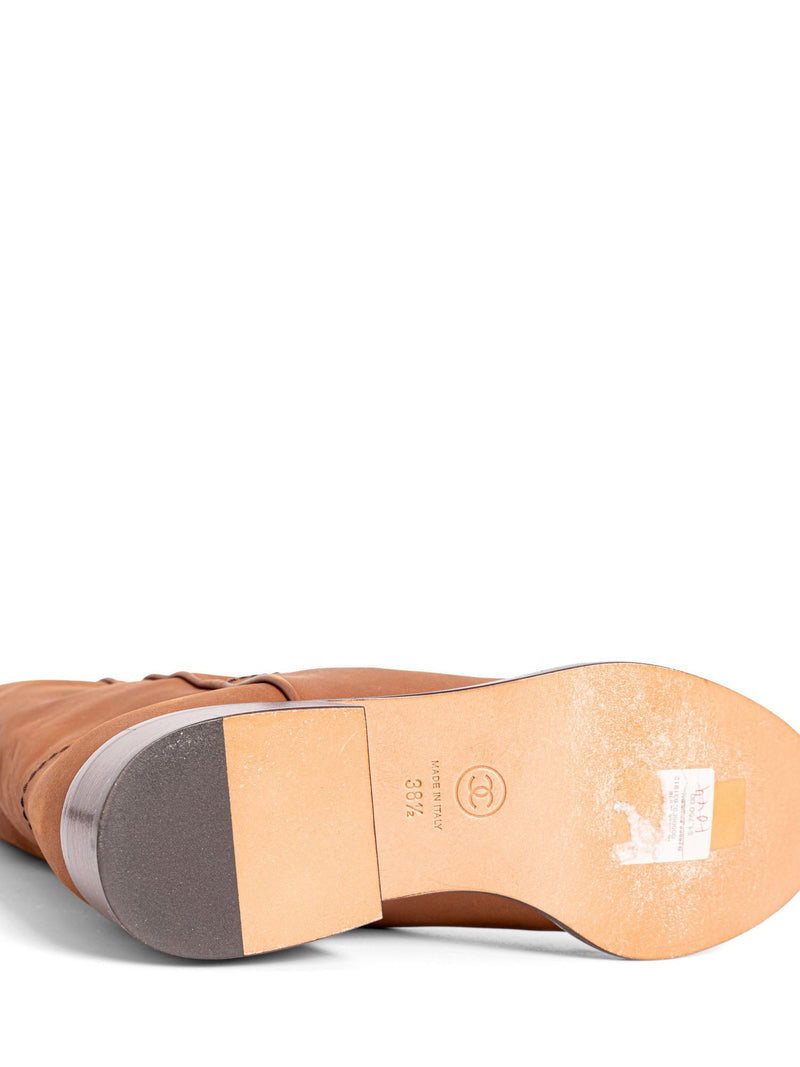 CHANEL CC Logo Leather Pull On Flat Boots Brown-designer resale